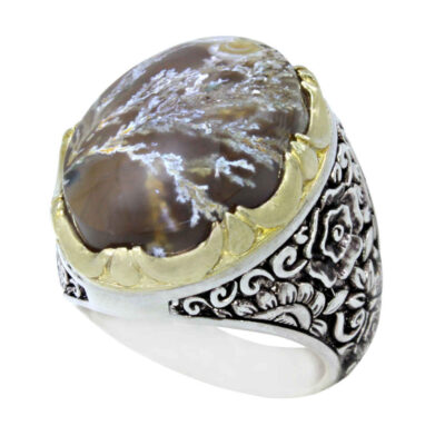 Dendritic Agate Shajar Silver Gemstone Ring for Men – Mohsen Model, Traditional Persian Design