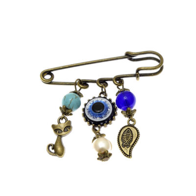 Evil Eye Cat Metal Safety Pin Brooch – Minimalist Amulet Design