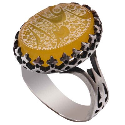 Yemeni Aqeeq Silver Gemstone Ring for Men – Ya Alamdar Islamic Calligraphy, Traditional Design