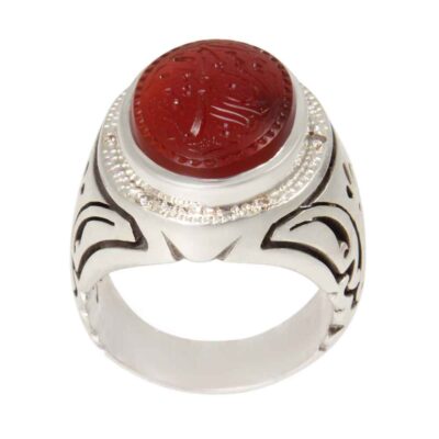 Yemeni Aqeeq Silver Gemstone Ring for Men – Ya Imam Hussain Islamic Calligraphy, Traditional Design