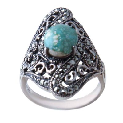 Neyshabur Turquoise Silver Gemstone Ring – Niloofar Model, Handcrafted Traditional Persian Design