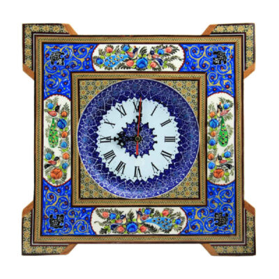 Traditional Persian Khatamkari Wood Wall Clock with Floral Marquetry – Model Anisa for Living Rooms and Entryways