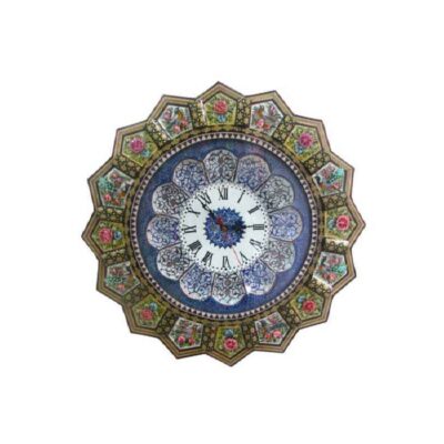 Traditional Persian Khatamkari Wood Wall Clock with Floral Marquetry – Model Atieh for Living Rooms and Entryways