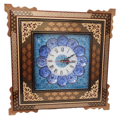 Traditional Persian Khatamkari Wood Wall Clock with Geometric Marquetry – Model Bina for Living Rooms and Offices
