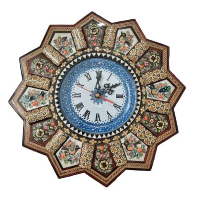 Traditional Persian Khatamkari Wood Wall Clock with Floral Marquetry – Model Elena for Living Rooms and Offices