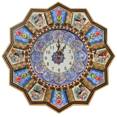Traditional Persian Khatamkari Wood Wall Clock with Floral Marquetry – Model Elma for Living Rooms and Entryways