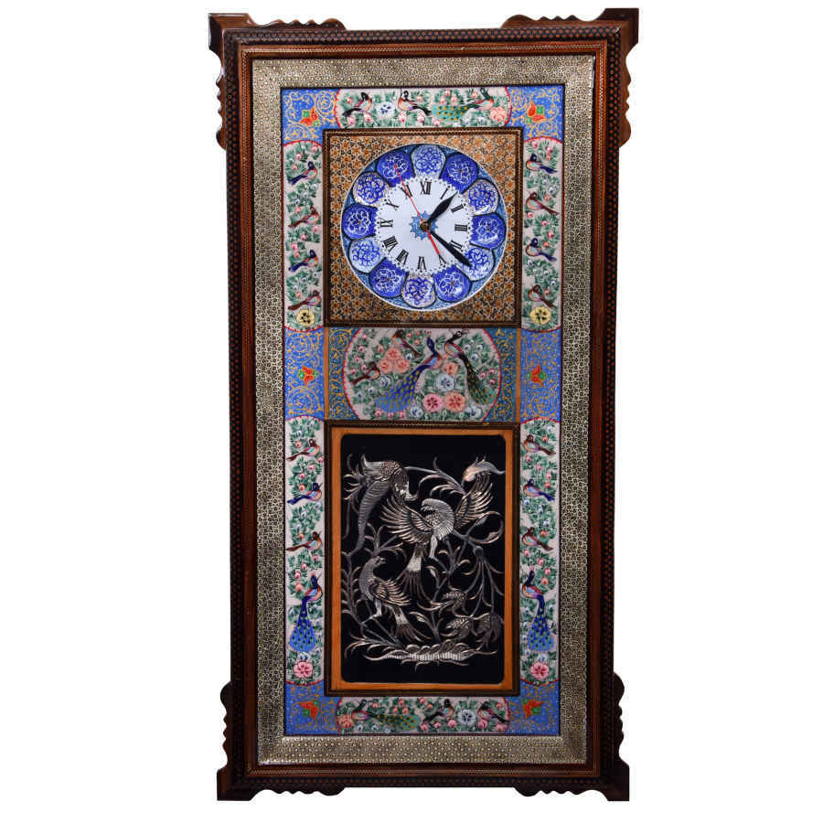 Handcrafted Persian Wooden Wall Clock – Khatam Marquetry Art, Golban