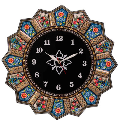 Traditional Persian Khatamkari Wood Wall Clock with Floral Marquetry – Model Hana for Living Rooms and Bedrooms