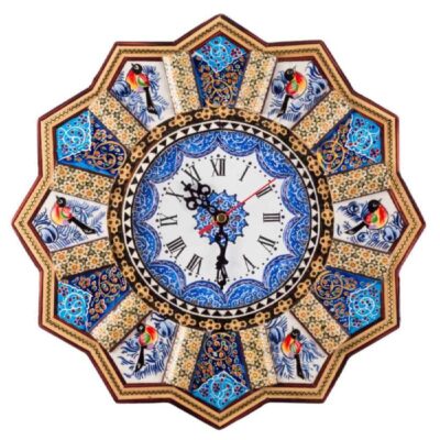 Traditional Persian Khatamkari Wood Wall Clock with Floral Marquetry – Model Khorshidi for Persian-Inspired Interiors