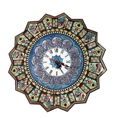 Traditional Persian Khatamkari Wood Wall Clock with Floral Marquetry – Model Laya for Living Rooms and Offices