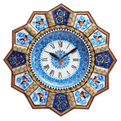 Traditional Persian Khatamkari Wood Wall Clock with Floral Marquetry – Model Mahsa for Living Rooms and Offices