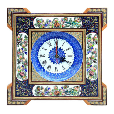 Traditional Persian Khatamkari Wood Wall Clock with Floral Marquetry – Model Mina for Living Rooms and Bedrooms