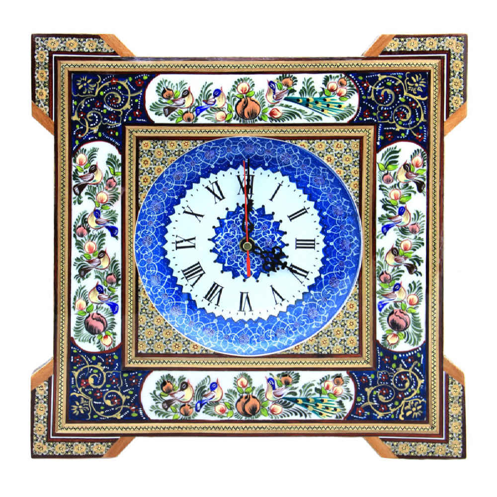 Handcrafted Persian Wooden Wall Clock – Khatam Marquetry Art, Mina