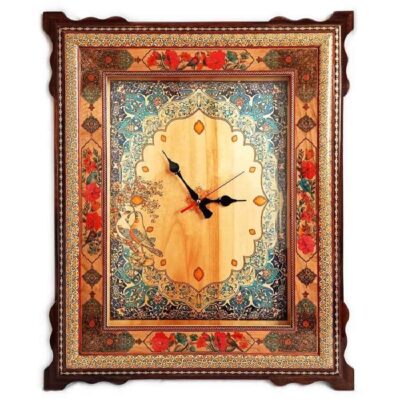Traditional Persian Khatamkari Wood Wall Clock with Floral Marquetry – Model Naghashi for Living Rooms and Offices
