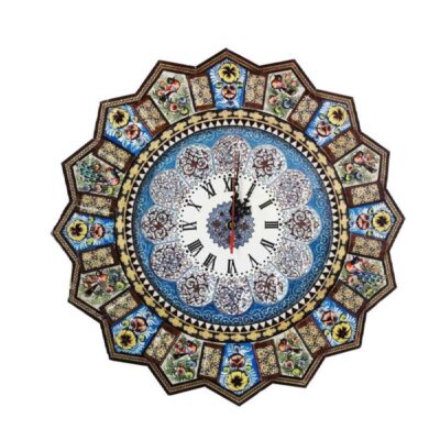 Traditional Persian Khatamkari Wood Wall Clock with Floral Marquetry – Model Nahal for Living Rooms and Offices