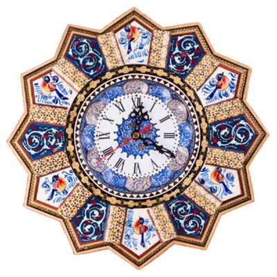 Traditional Persian Khatamkari Wood Wall Clock with Floral Marquetry – Model Nil for Living Rooms and Entryways