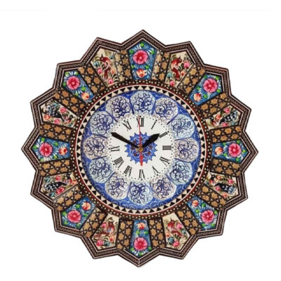 Traditional Persian Khatamkari Wood Wall Clock with Floral Marquetry – Model Razieh for Persian-Inspired Interiors