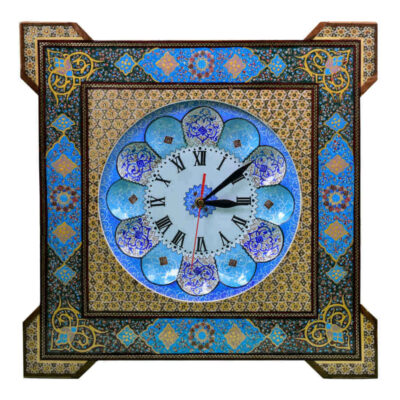 Traditional Persian Khatamkari Wood Wall Clock with Floral Marquetry – Model Sana for Living Rooms and Offices