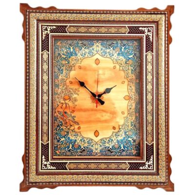 Traditional Persian Khatamkari Wood Wall Clock with Floral Marquetry – Model Tazhib for Persian-Inspired Interiors