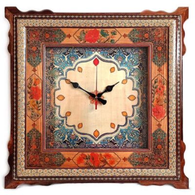 Traditional Persian Khatamkari Wood Wall Clock with Floral Marquetry – Model Vania for Living Rooms and Bedrooms