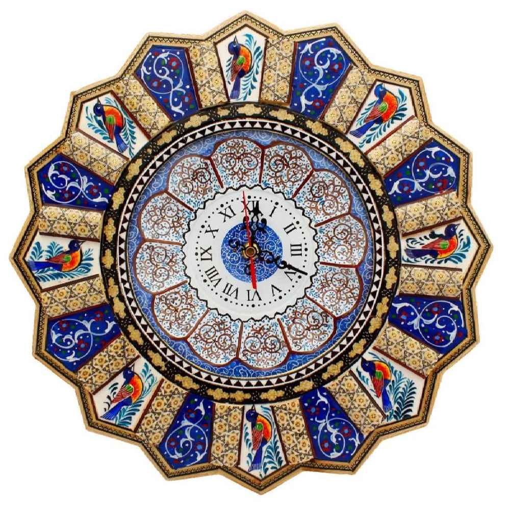 Handcrafted Persian Wooden Wall Clock – Khatam Marquetry Art, Zarrin