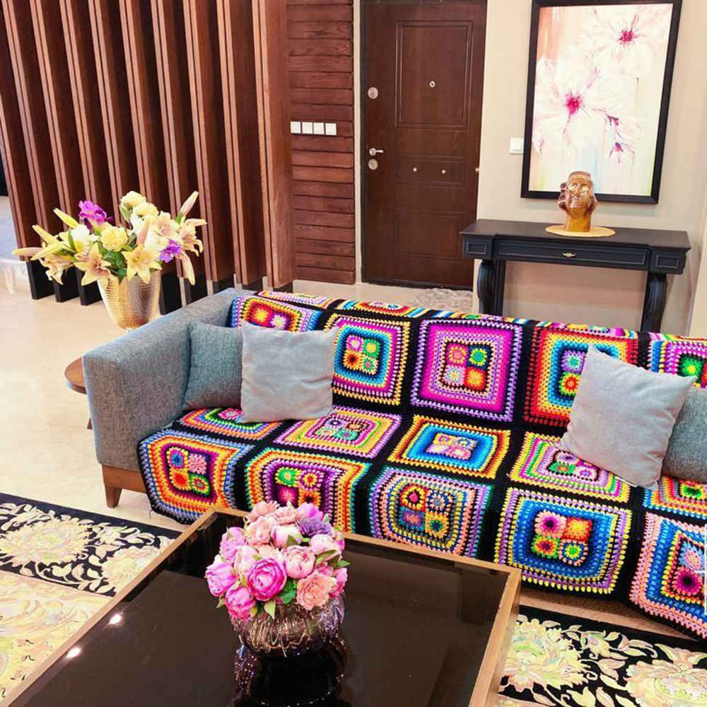 Crochet Throw for Sofa and Bed Checkered Bohemian Yas