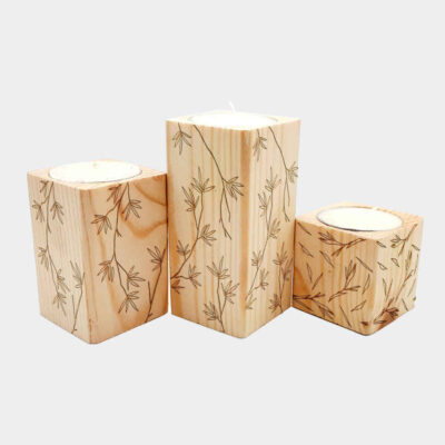 Set of 3 Solid Wooden Cube Tealight Candle Holders, Barg Floral Design, Minimalist Tabletop Candle Stand