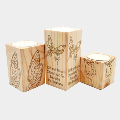 Set of 3 Solid Wooden Cube Tealight Candle Holders, Butterfly Design, Minimalist Decorative Candle Stand