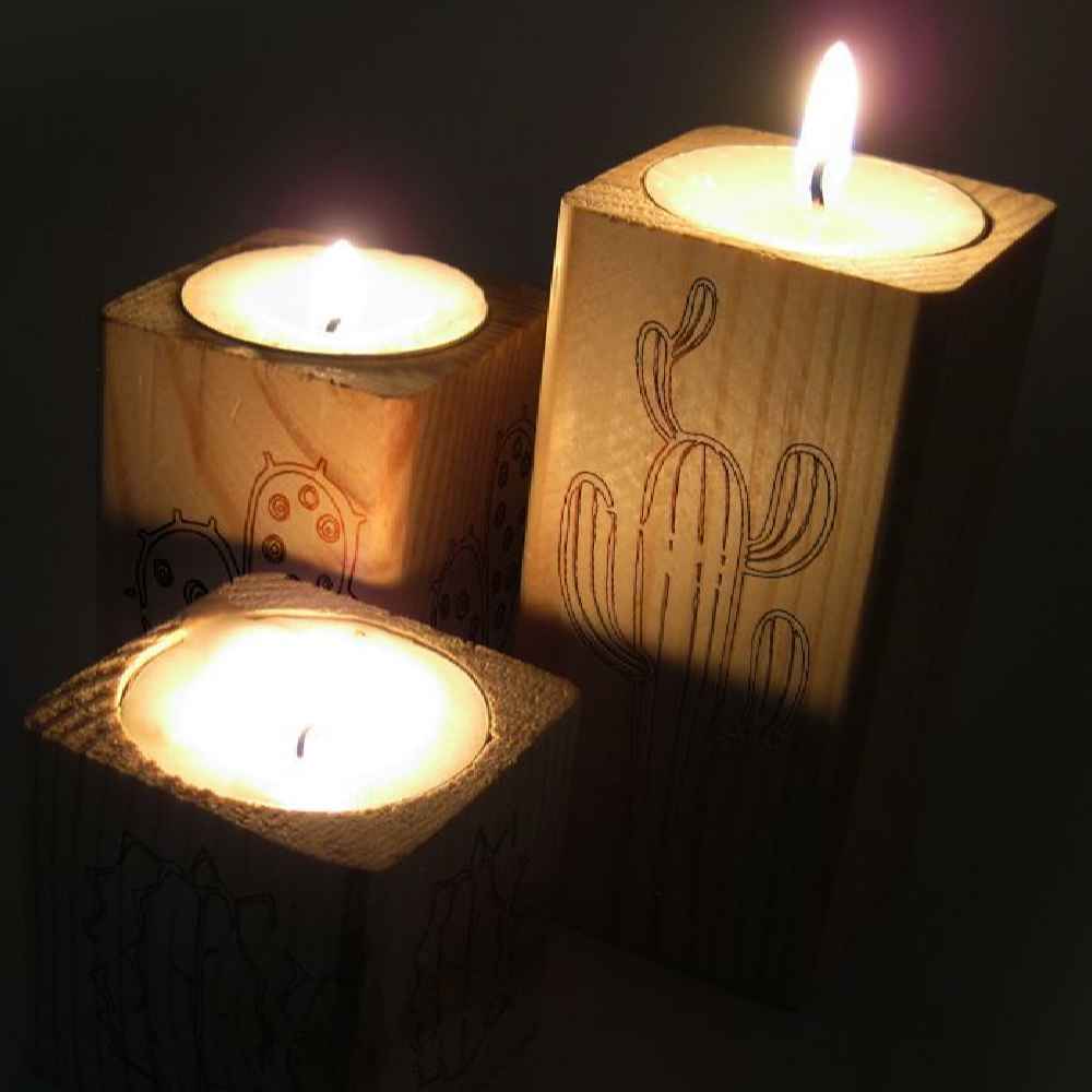 Solid Wooden Cube Tealight Holder Set of 3 / Cactus