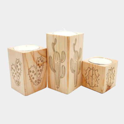 Set of 3 Solid Wooden Cube Tealight Candle Holders, Cactus Design, Minimalist Decorative Candle Stand