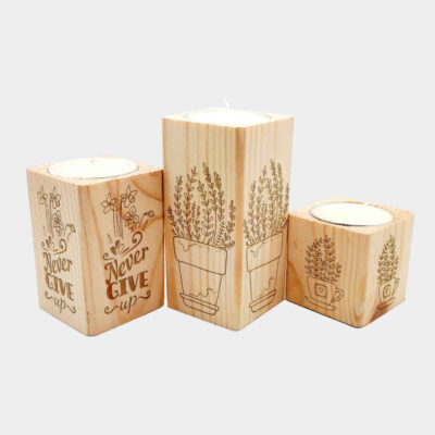 Set of 3 Solid Wooden Cube Tealight Candle Holders, Never Give Up Floral Design, Minimalist Tabletop Décor