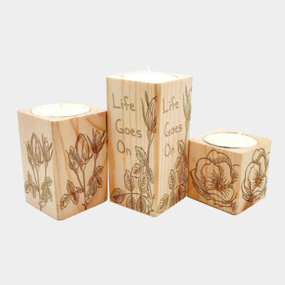 Set of 3 Solid Wooden Cube Tealight Candle Holders, Rose Floral Design, Minimalist Tabletop Candle Stand