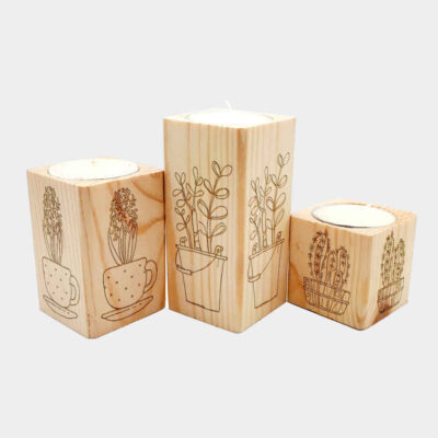 Set of 3 Solid Wooden Cube Tealight Candle Holders, Vase Floral Design, Minimalist Tabletop Décor