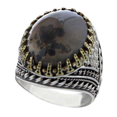 Dendritic Agate Shajar Silver Gemstone Ring for Men – Mahoor Model, Traditional Persian Design