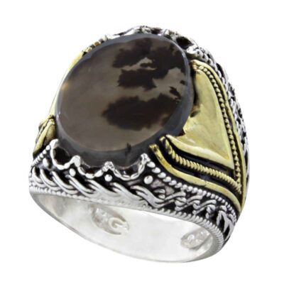 Dendritic Agate Shajar Silver Gemstone Ring for Men – Salar Model, Traditional Persian Design