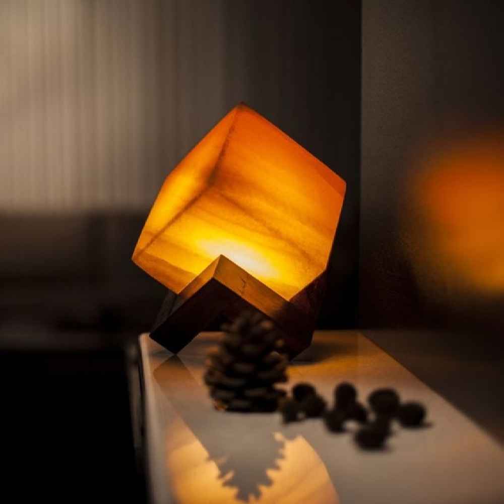Persian Cube Salt Lamp – Handcrafted Cubic Design with Wooden Base