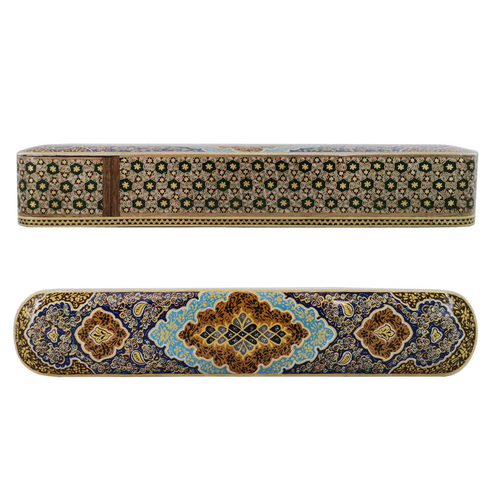 Wooden Pencil Box Handcrafted with Persian Khatamkari Art Tazhib