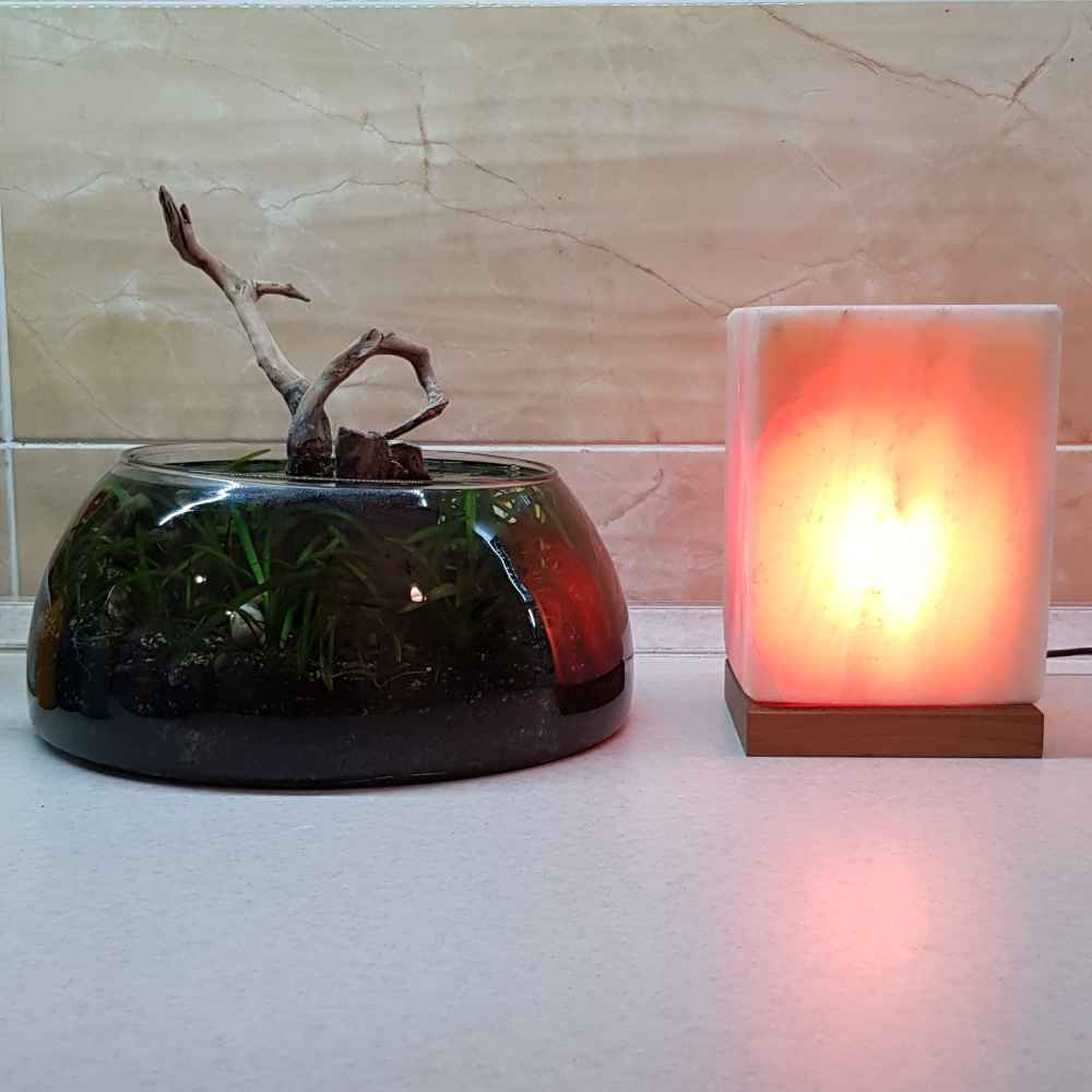 Persian Cube Salt Lamp – Handcrafted Cuboid Design with Wooden Base