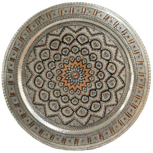 Decorative Copper Tray Hand-Engraved with Persian Artisanal Khorshidi