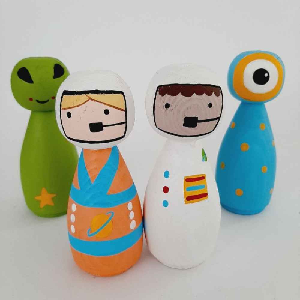 Handmade Wooden Peg Dolls – Outer Space Astronaut Explorer Set