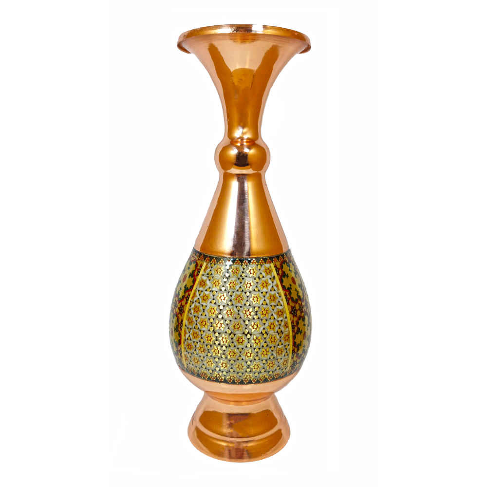 Persian Decorative Copper Vase Handcrafted with Khatamkari Marquetry Art, Featuring the Familla Geometric Design