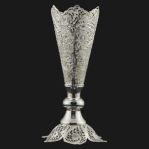 Handcrafted Persian Filigree Decorative Vase, Featuring the Almas Model with a Silver-Plated Trumpet Silhouette and Floral Pattern