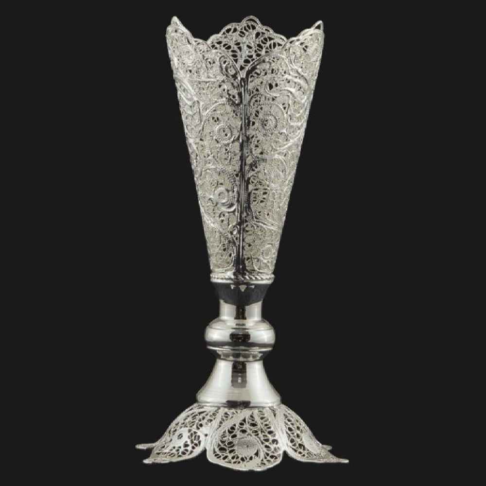 Handcrafted Persian Filigree Decorative Vase, Featuring the Almas Model with a Silver-Plated Trumpet Silhouette and Floral Pattern