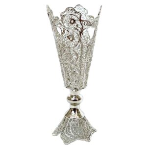 Handcrafted Persian Filigree Decorative Vase, Featuring the Parya Model with a Silver-Plated Trumpet Silhouette and Floral Art