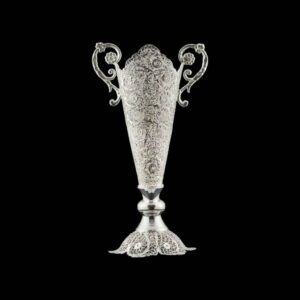 Handcrafted Persian Filigree Decorative Vase, Featuring the Raha Model with a Silver-Plated Trumpet Silhouette and Floral Design