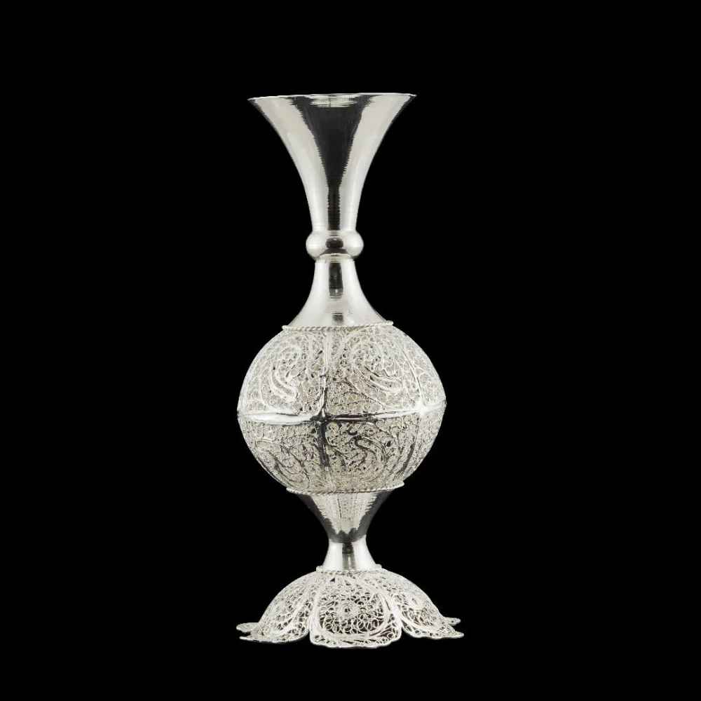 Handcrafted Decorative Persian Filigree Silver-Coated Vase, Featuring the Sana Model in a Bottle Silhouette with Floral Design
