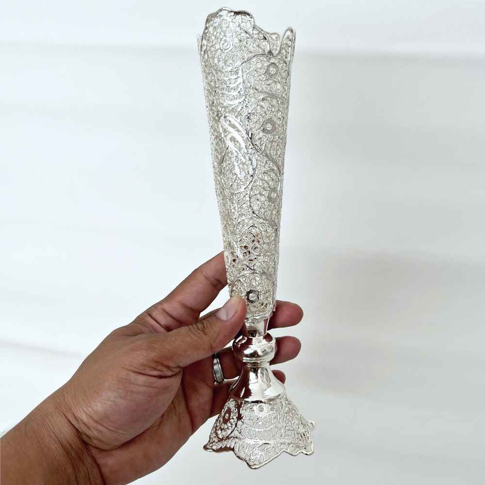 Handcrafted Persian Filigree Decorative Vase, Featuring the Zina Model with a Silver-Plated Trumpet Silhouette and Floral Details