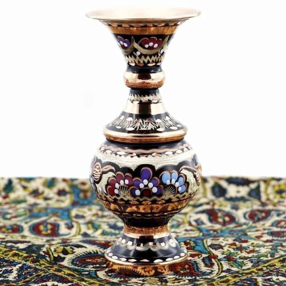 Decorative Copper Vase Hand-Painted with Persian Minakari Enamel, Featuring the Yavar Floral Design for a Luxurious Accent