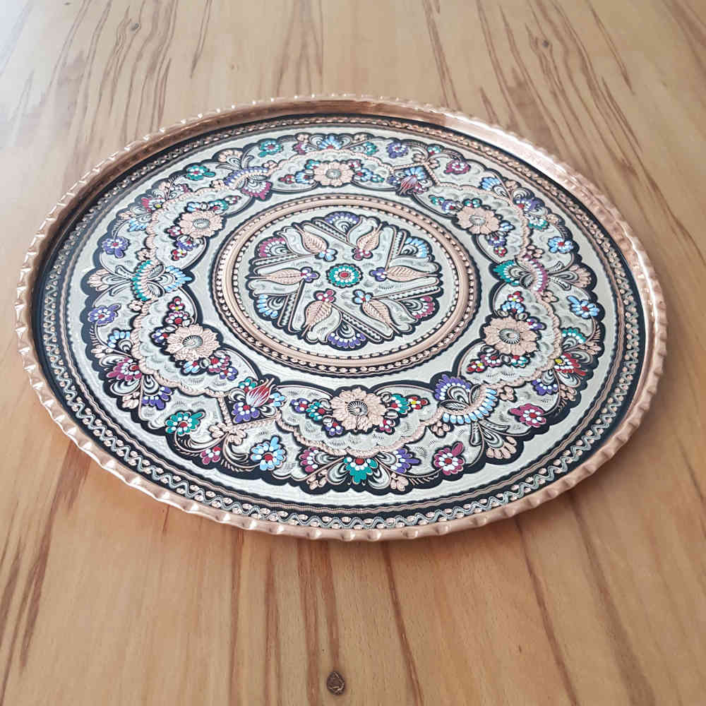 Decorative Copper Tray Hand-Engraved with Persian Artisanal Darya