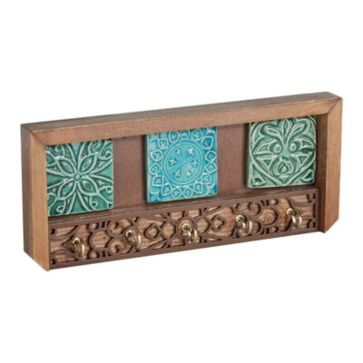 Decorative Wooden Wall Key Holder with Firoozeh Design for Entryway